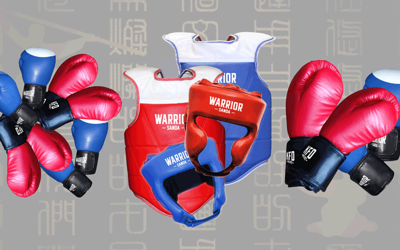 Sanda sparring gear including protective gloves and training equipment